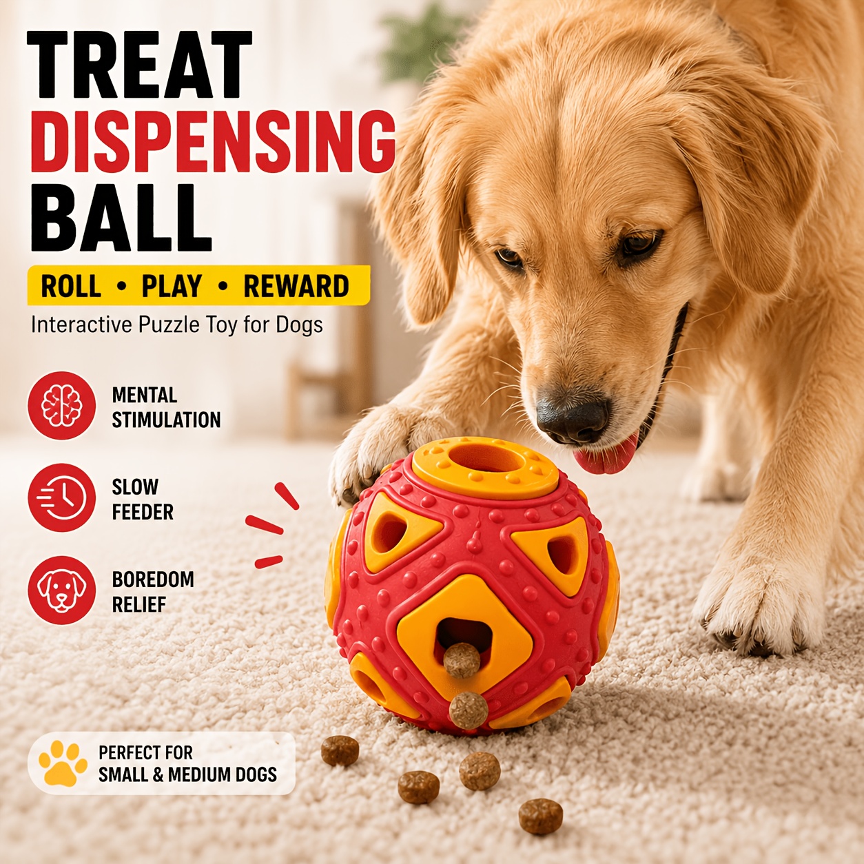Interactive Dog Treat Dispensing Ball, Puzzle Treat Dispenser & Slow Feeder Dog Toy for Mental Stimulation, Boredom Relief and Enrichment, Chew Toy for Small Medium Dogs