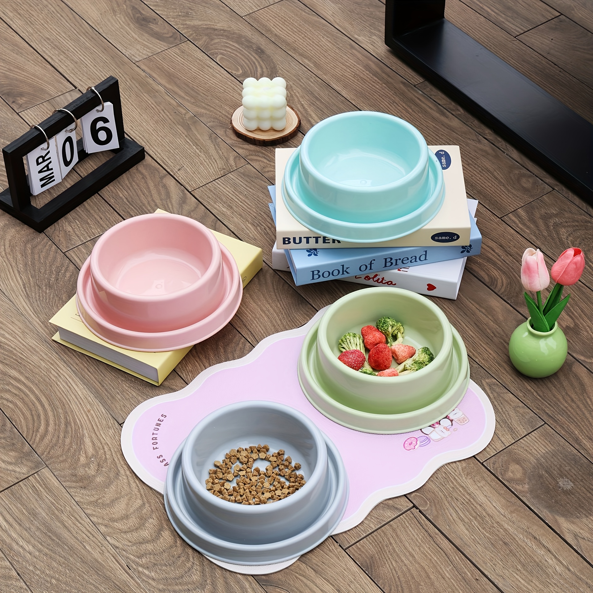 2pcs Ant Proof Pet Single Bowl, Random 2 Colors Vibrant Color Elevated Spill Resistant Plastic Feeding Dish, Non Slip Stable Base Anti Tip Easy to Clean Food Bowl for Small and Medium Dogs Cats, Indoor Outdoor Portable Pet Travel Feeder