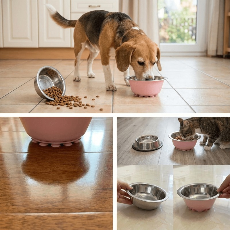 Dopamine-inspired Colorful Pet Bowls Available in 4 Colors, Measuring 6.5inch and 5.12inch. Each Bowl Comes with a 2.76inch Suction Cup Non-slip Mat to Effectively Prevent Spills When Your Pet Eats or Drinks. Suitable for Dogs and Cats. Pet Food