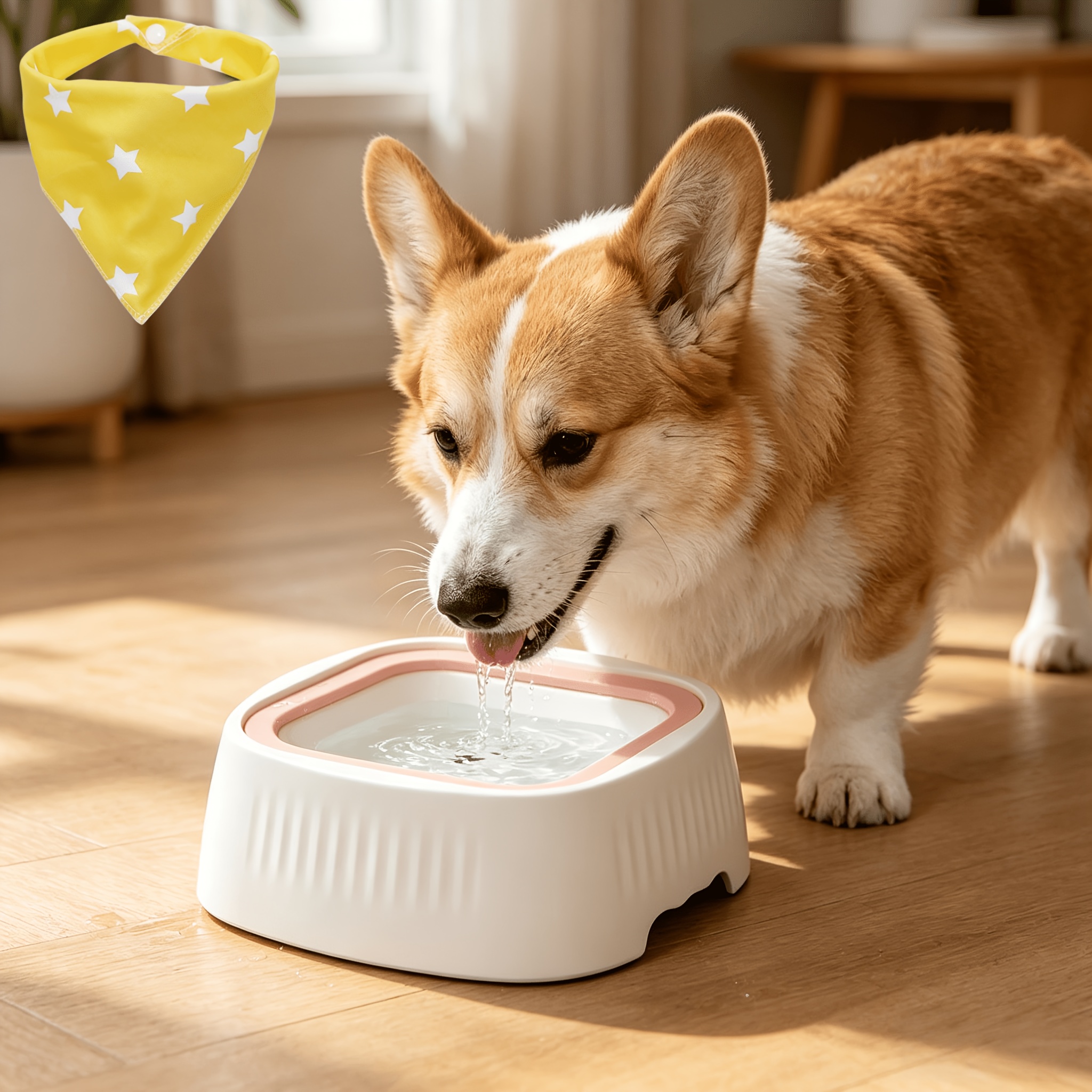 2pcs (1pc Anti-Overflow Anti-Splash Pet Floating Dry Mouth Water Bowl And 1pc Detachable Anti-Dirt Anti-Splash Bib Set) Anti-Tip Anti-Spill Design, Keeping Water Clean And Dry Mouth, Floor-Safe, Large Capacity Pet Water Dispenser for Cats And Dogs