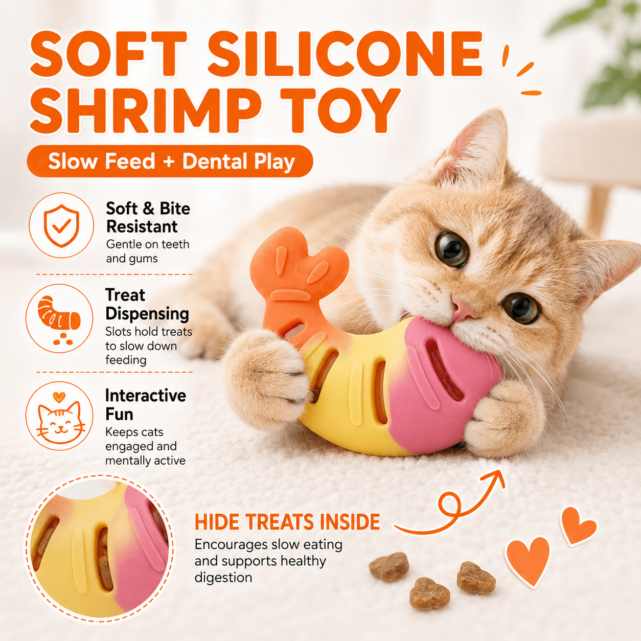 Cat Puzzle Toy, Silicone Shrimp-Shaped Snack Dispenser, Slow Feeding Toy, Indoor Cat Dental Cleaning Interactive Toy