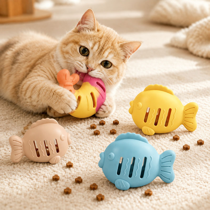 2pcs New Cute Kitten Food Dispenser Toys, Silicone Cat Chew Toys, Fish And Shrimp Shaped Snack Dispensers, Slow Feeding Toys, Indoor Cat Dental Cleaning Interactive Toys, Without Battery