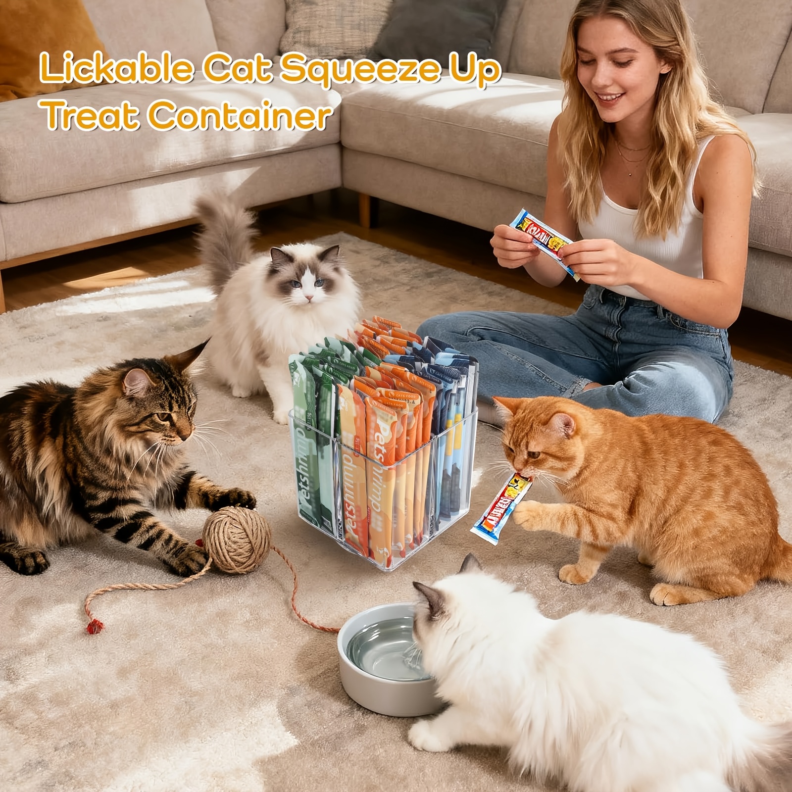 Rotatable Acrylic Squeeze Cat Food Storage Container, 4-Compartment Design Cat Treat Organizer, Essential Storage for Pet Snacks, Suitable for Countertop or Kitchen Cabinet Cat Food Rack