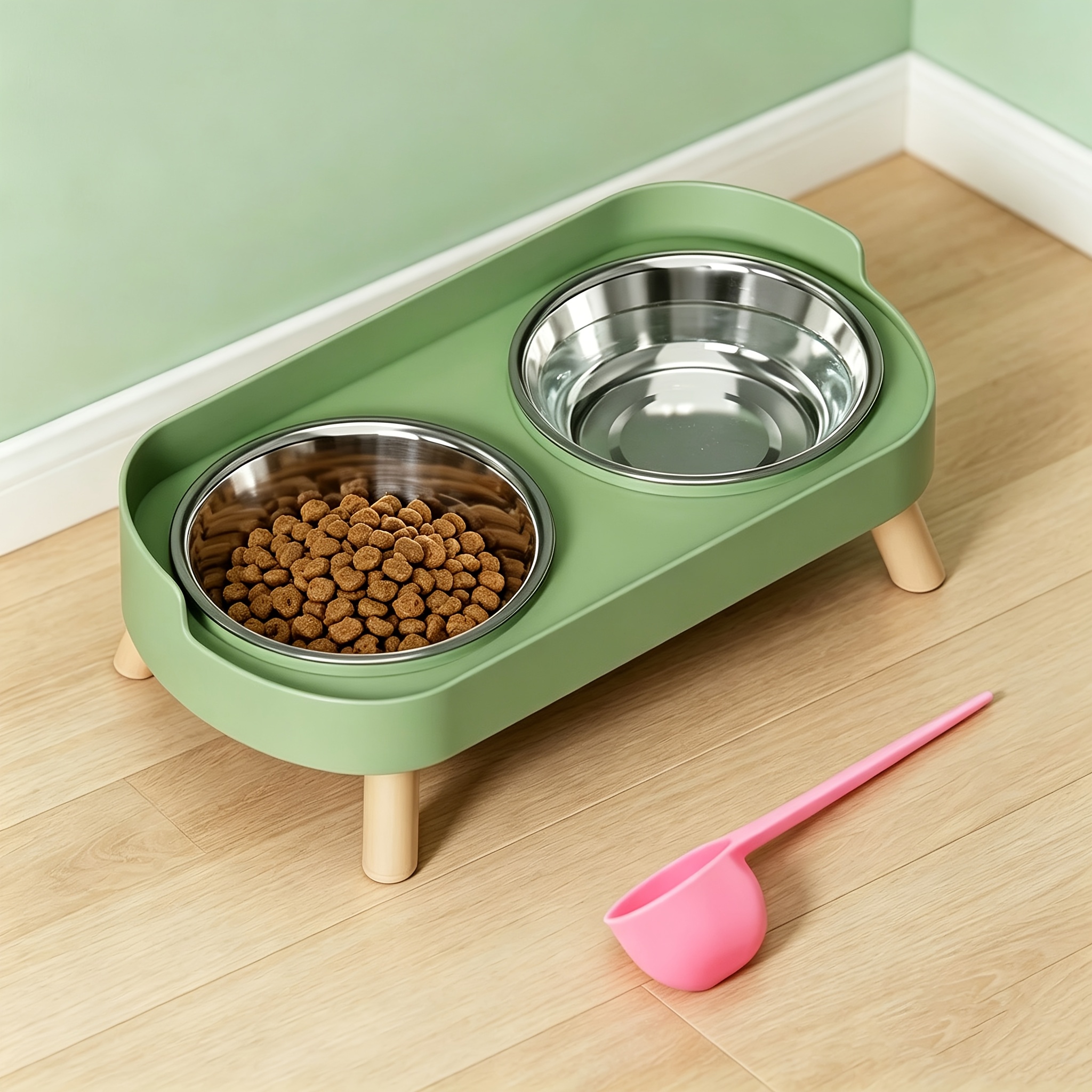 2pcs (2-In-1 Feeding Bowl And 20G Portion Spoon) New Cat And Dog Elevated Double Bowl Water And Food All-In-One High Platform Double Bowl 3 Styles Multiple Colors for Your Pet, Without Battery