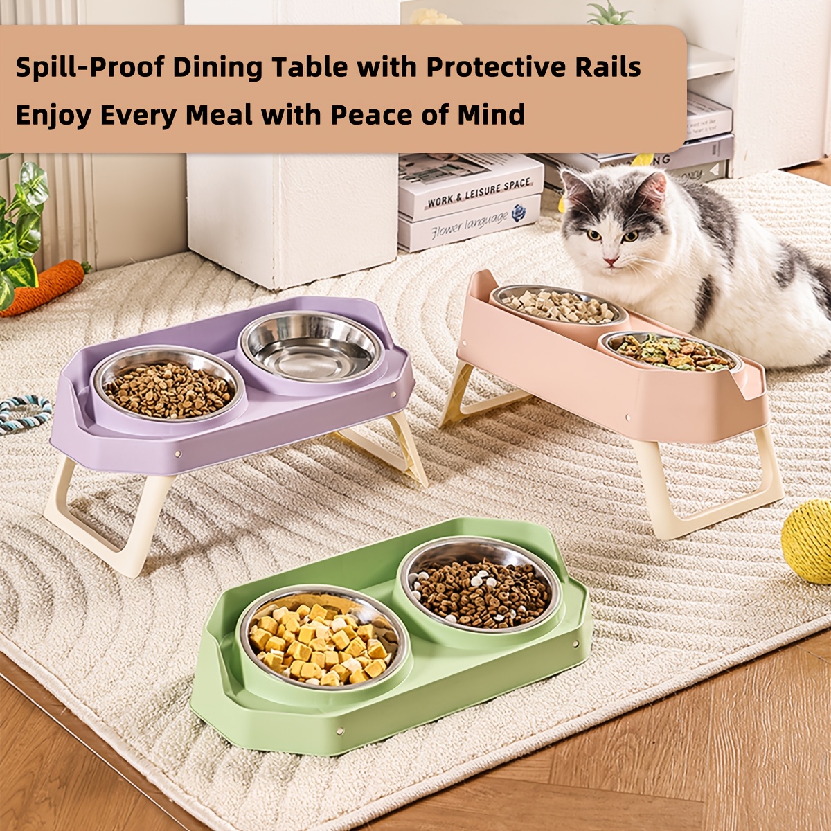 15° Tilted Elevated Pet Double Bowl, Anti-Spill Stainless Steel Food and Water Bowl, Suitable for Small and Medium Dogs and Cats
